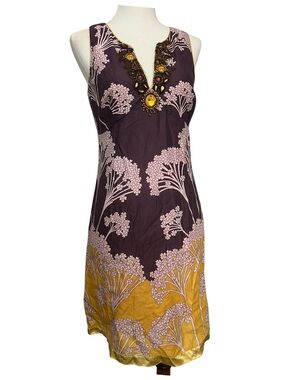 Rebecca Taylor Sleeveless Floral Print Shift Dress in Purple & Mustard Size 2